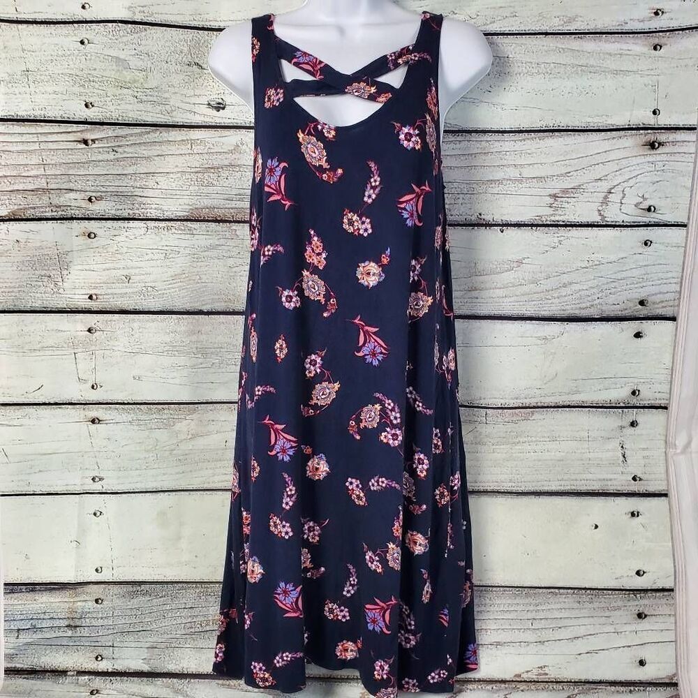 Maurices Sleeveless Floral Swing Dress Navy Criss Cross Back Women’s Size M Rayo